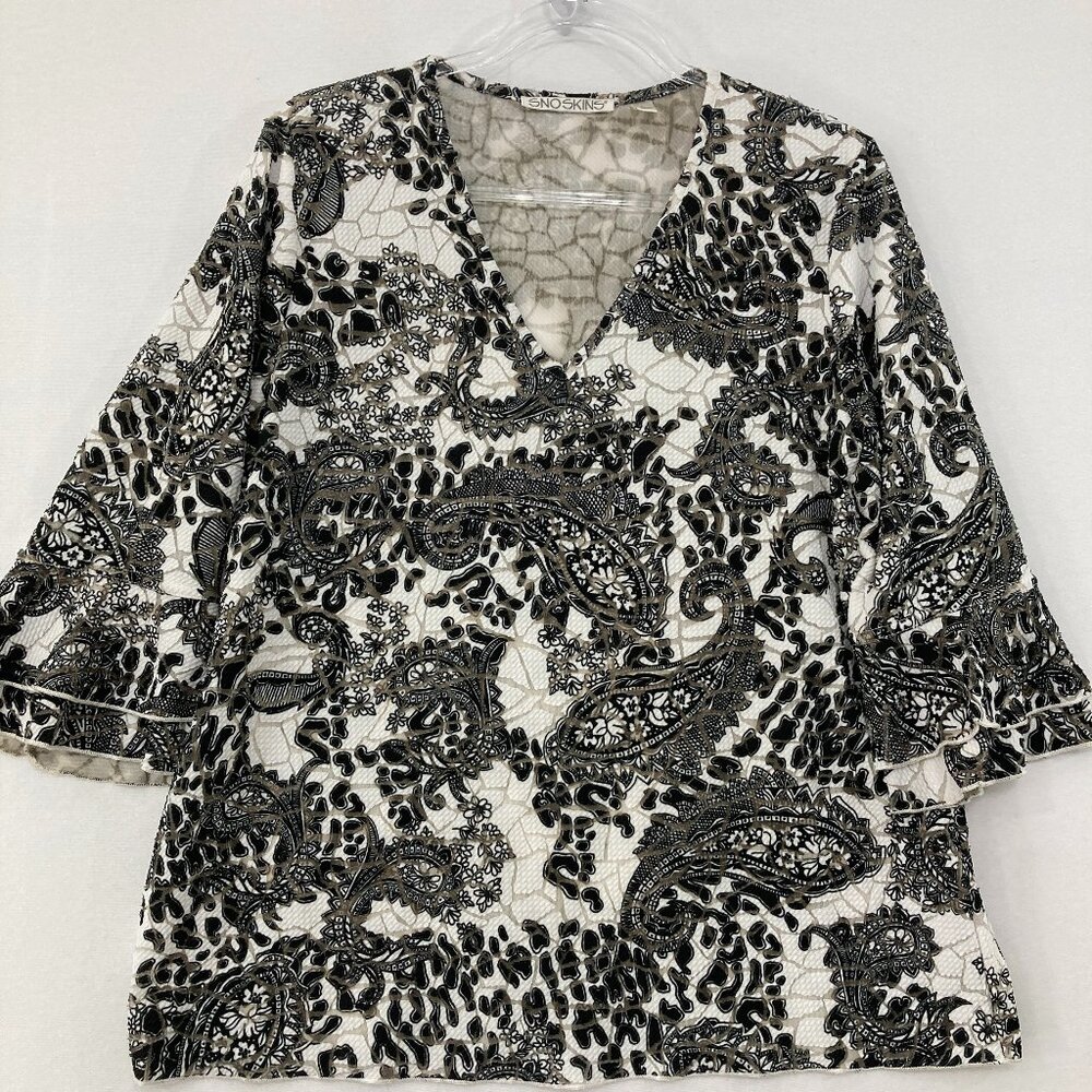 Snoskins Top Large Black White Paisley V Neck Stretch‎ Knit Artsy 3/4 Sleeve
